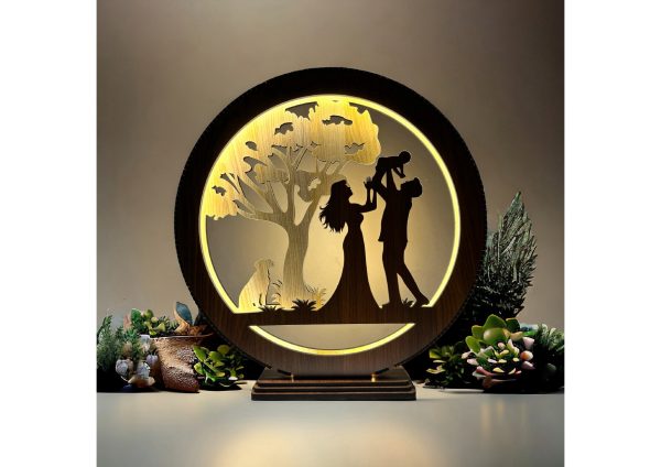 Wooden Lighting Showpiece Couple And Children Design, Wooden Night Lamp